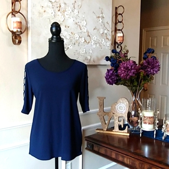 Navy Blue Elbow Sleeves Embellished Top By 89th & Madison. Size M - Picture 9 of 17